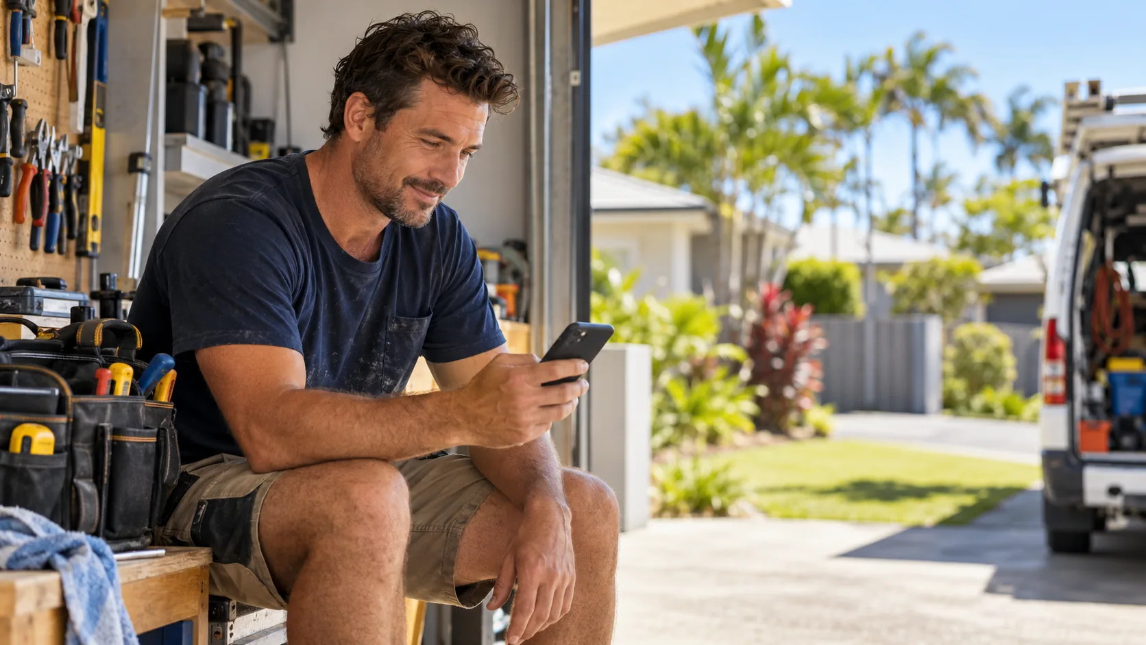 An independent tradesperson checking a job alert on a phone during the workday